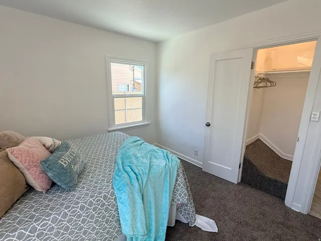 White walls with contrasting dark carpet flooring