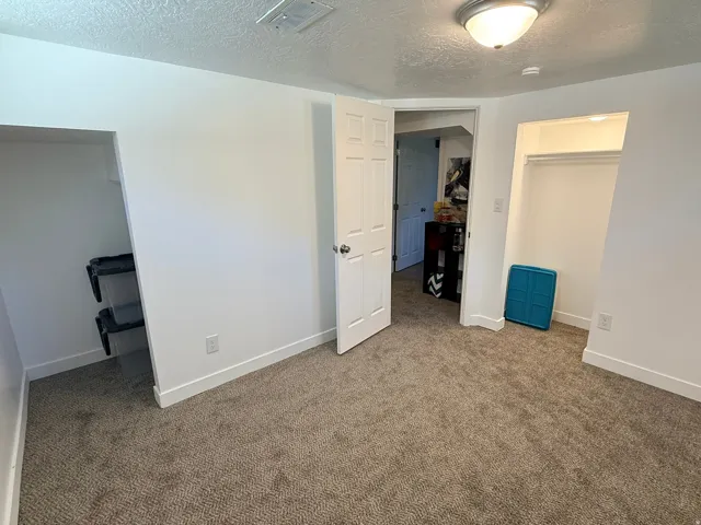 Neutral-toned carpet flooring, white painted walls, ceiling-mounted light fixture, white interior door, and built-in closet with hanging rod