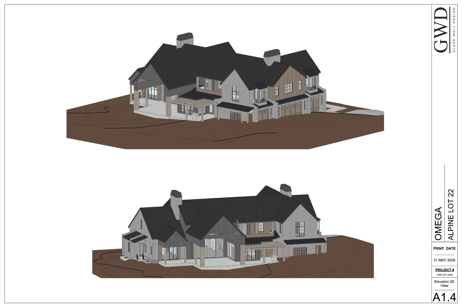 Architectural Drawing, Elevation 3D View. Presenting two three-dimensional representations of the property's exterior design