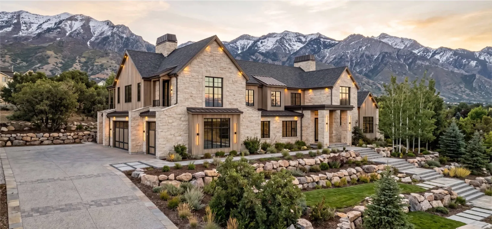 Stone and wood-clad exterior with a dark shingle roof, complemented by a multi-tiered landscaped garden with stone retaining walls