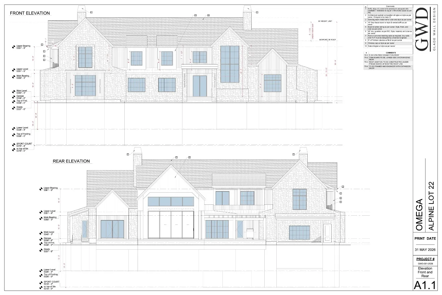 Architectural Drawing, Elevations. Displaying the front and rear external views of the property