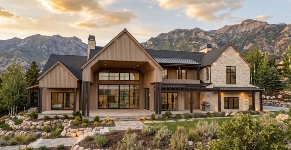 Contemporary mountain architecture featuring stone and wood siding, multiple gables, extensive landscaping, and a mountain backdrop