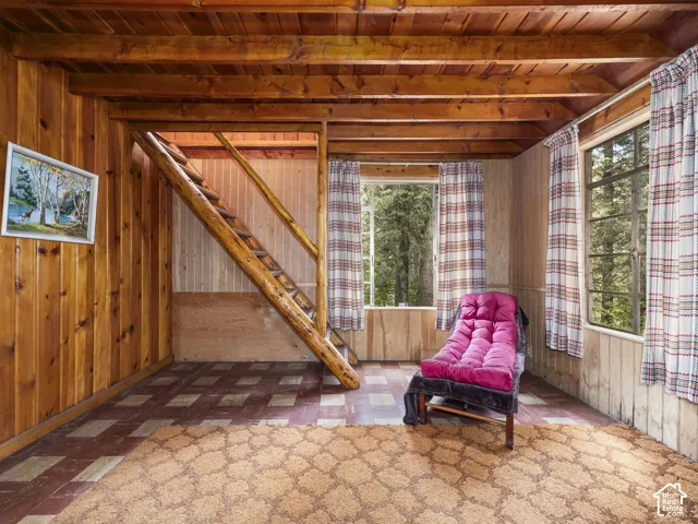 Exposed wood beam ceiling, wood-paneled walls, multiple windows, and a log ladder