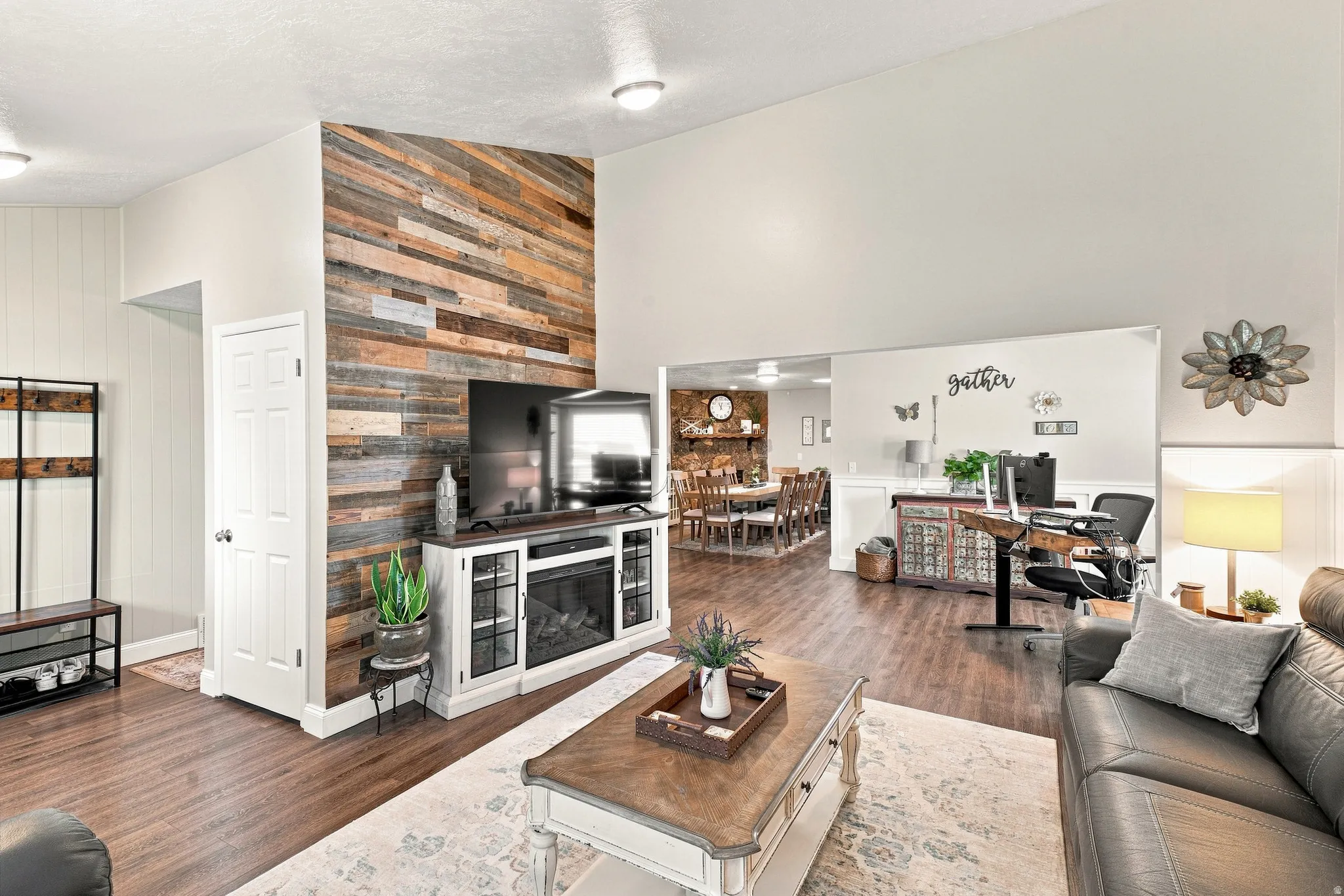 NEW LVP, Paint, LED Lighting, Reclaimed Wood Wall, Shiplap in Entryway