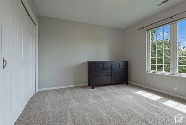 Wall-to-wall carpeting, light neutral wall color, and white trim
