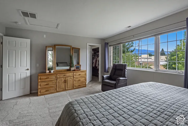 Spacious room featuring light gray walls, plush carpeting, a large multipane window, and a walk-in closet