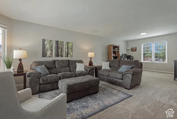 Plush carpeting, neutral wall tones, and two large windows provide abundant natural light