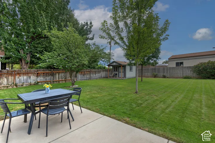 Expansive backyard featuring a concrete patio, a dedicated shed structure, and mature trees