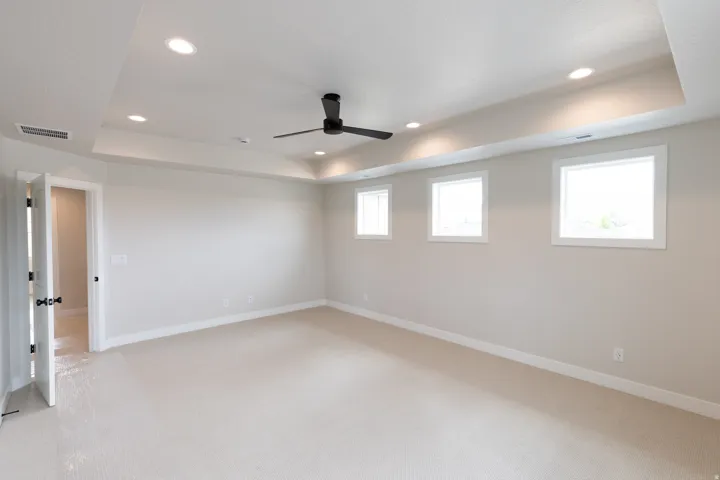 Master Bedroom with Tray ceiling and ceiling fan.