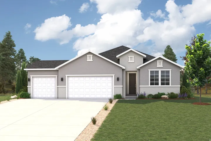 Gray stucco exterior with stone accents, two attached garages, dark shingle roof, and a mature tree