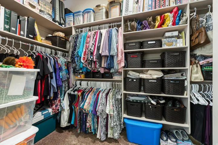 Custom closet system featuring multiple hanging rods, extensive shelving, and soft carpet flooring