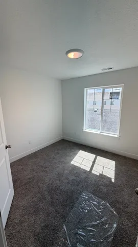 Gray carpeting, white walls, and a single window