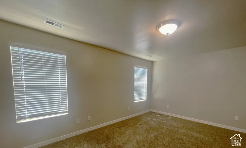 Wall-to-wall carpeting with multiple windows featuring blinds and a flush-mount ceiling light fixture