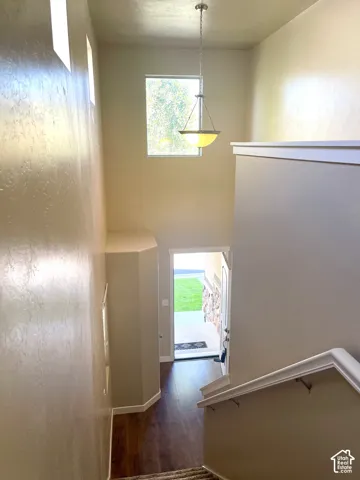 Two-story foyer with a suspended ceiling fixture, wood-finish flooring, and a window