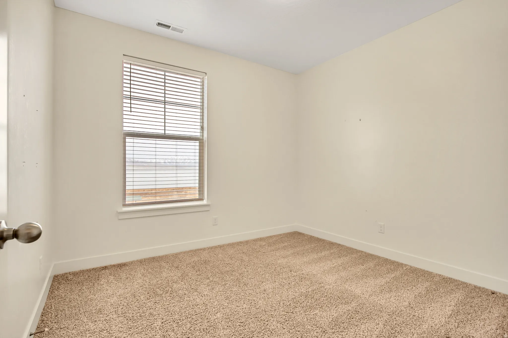 Light-toned carpeting, neutral wall color, and a window with horizontal blinds