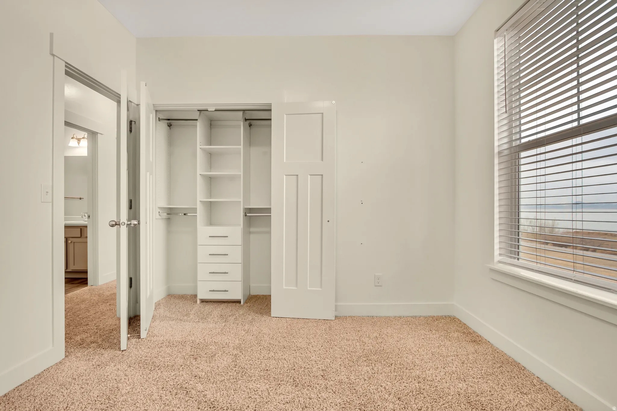 Bedroom featuring plush carpet, built-in closet organization system, white paneled doors, and a window with horizontal blinds