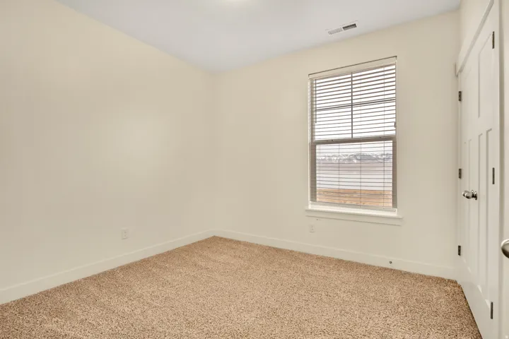 Neutral wall paint, carpeted flooring, window with horizontal blinds, overhead light fixture, and a paneled door
