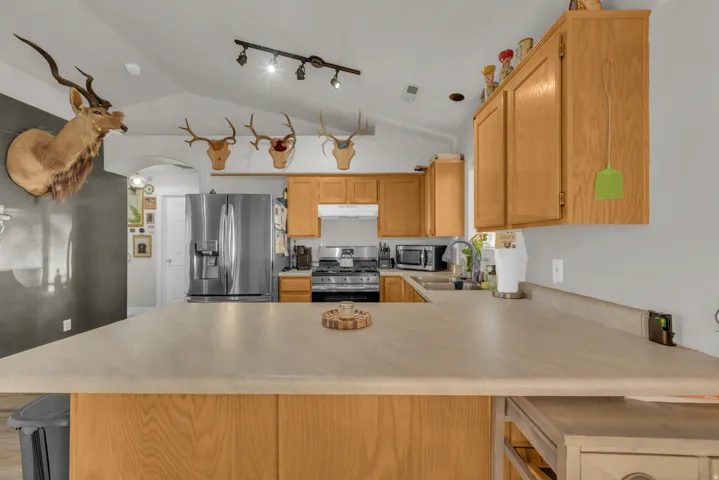 Kitchen featuring vaulted ceilings, light wood cabinetry, stainless steel appliances, track lighting, and a U-shaped countertop