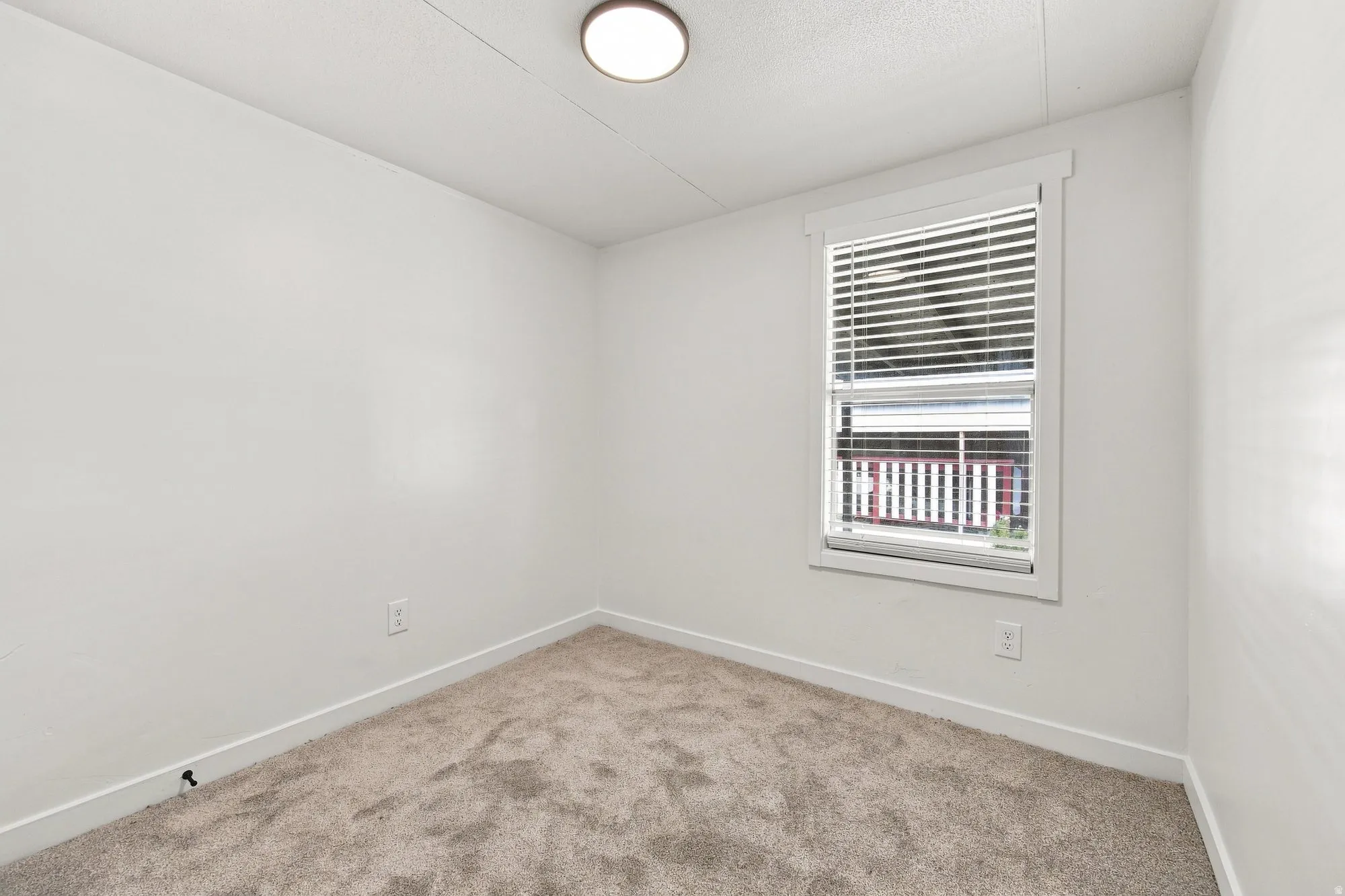 Carpeted flooring, white walls, window with blinds, and ceiling-mounted light fixture