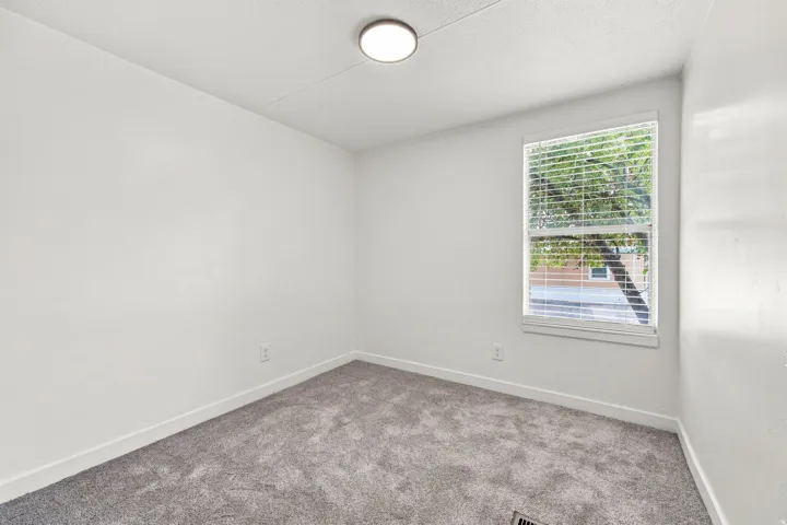 Neutral wall tones, gray carpeting, and window with blinds
