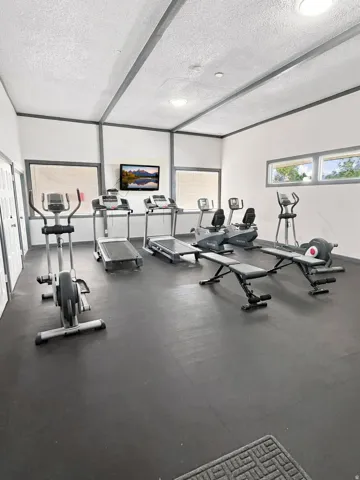 Dedicated fitness room with durable rubber flooring, recessed lighting, and multiple windows