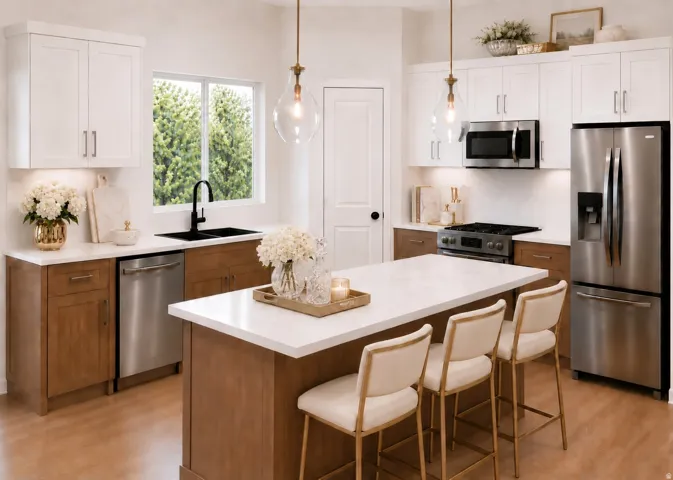 Rendering of finished kitchen with included design package. Decor items not included.