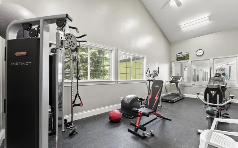 Vaulted ceiling with a ceiling fan, recessed lighting, and ample natural light from multiple windows