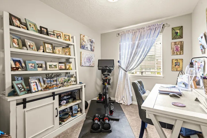 Built-in shelving unit with barn door accents, natural light from a window with blinds, and wall-to-wall carpeting