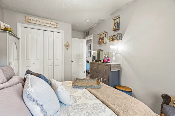 White bi-fold closet doors, light gray wall paint, and white trim