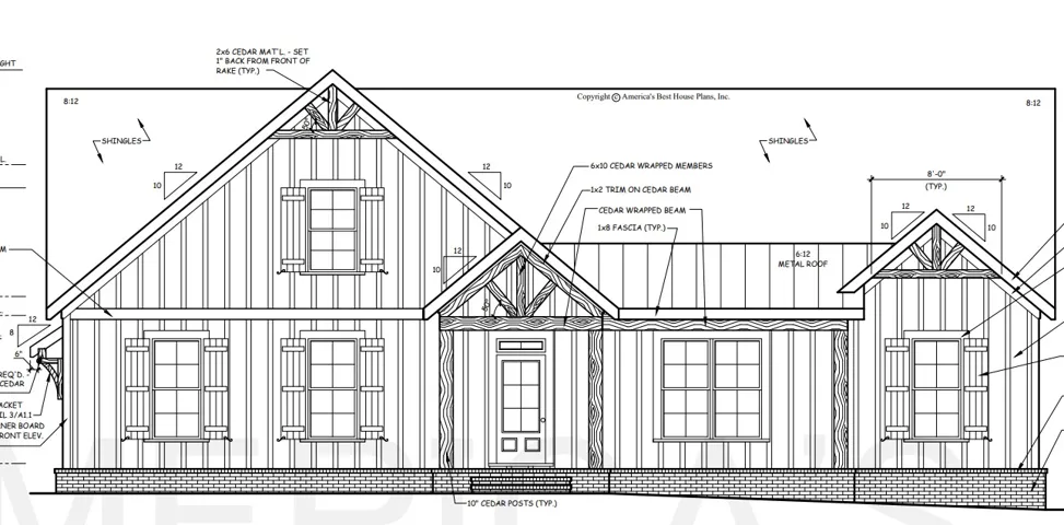 Architectural Blueprint, Front Elevation. Illustrating the exterior design and material specifications for the property