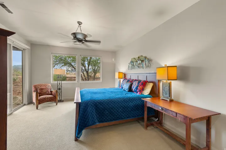 Recessed lighting, ceiling fan, and carpeted flooring