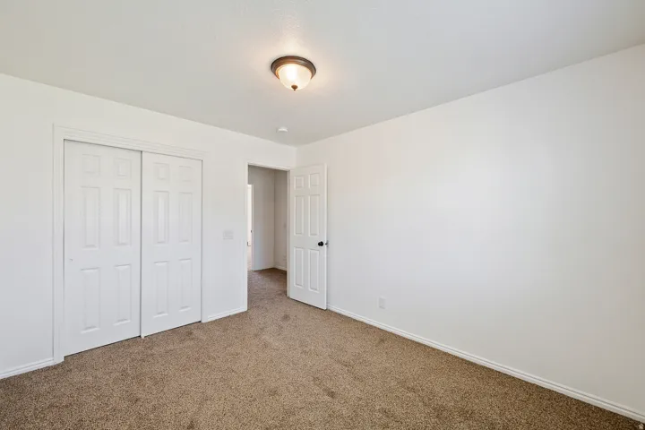 Neutral-toned carpeting, white walls, and a ceiling-mounted light fixture