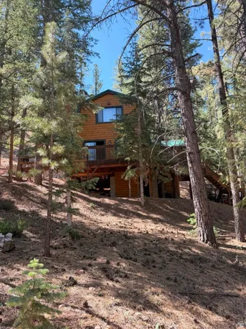 Wood-clad exterior with a prominent wooden deck and elevated entry