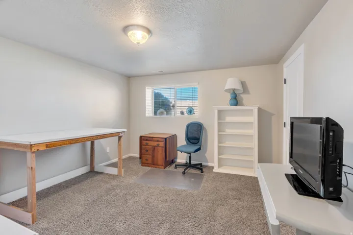 Carpeted room with a ceiling-mounted light fixture, a window with blinds, and a white interior door