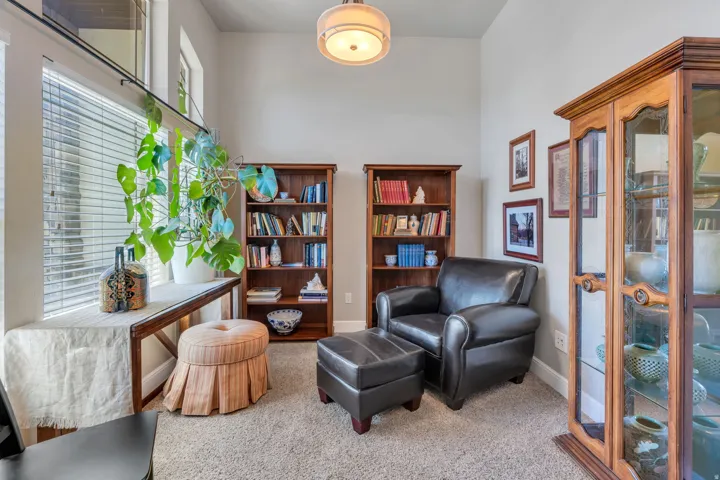 Carpeted room featuring a ceiling-mounted light fixture, multiple windows with blinds, and tall ceilings