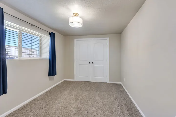 Textured carpeting, light neutral wall paint, white trim, and a ceiling-mounted light fixture