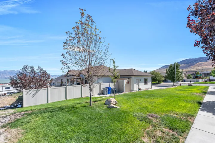 Expansive green lawn with a sidewalk border, featuring a detached single-story structure and a privacy fence