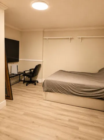 Light wood-finish flooring, crown molding, and a flush-mount ceiling light