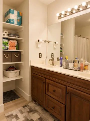 Dual sink vanity with dark wood-finish cabinetry, white solid surface countertop, and integrated sinks