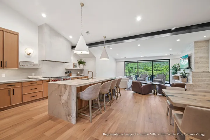 Spacious open-concept living area featuring wood-finish flooring, a contemporary kitchen island with waterfall countertop, recessed lighting, and large sliding glass doors