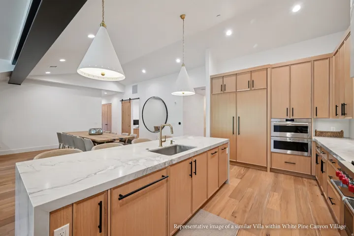 Kitchen with light wood-finish cabinetry, integrated stainless steel appliances, and a central island with a sink