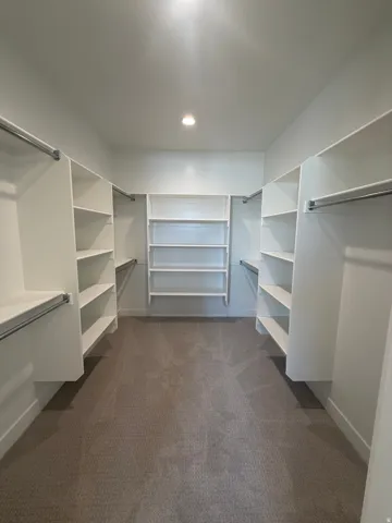 Built-in closet shelving, integrated hanging rods, recessed ceiling lighting, and carpet flooring