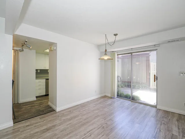 Wood-finish flooring throughout, with a pendant light fixture and track lighting