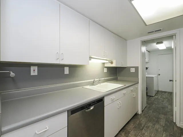 White cabinetry, light gray countertops, and stainless-steel dishwasher