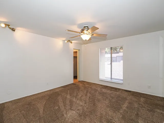 Plush carpet flooring, ceiling fan with integrated lighting, track lighting fixtures, and a window with horizontal blinds