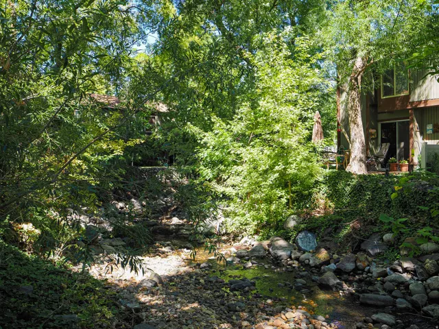 Wooded setting featuring a natural creek bed, mature trees, and a private patio area