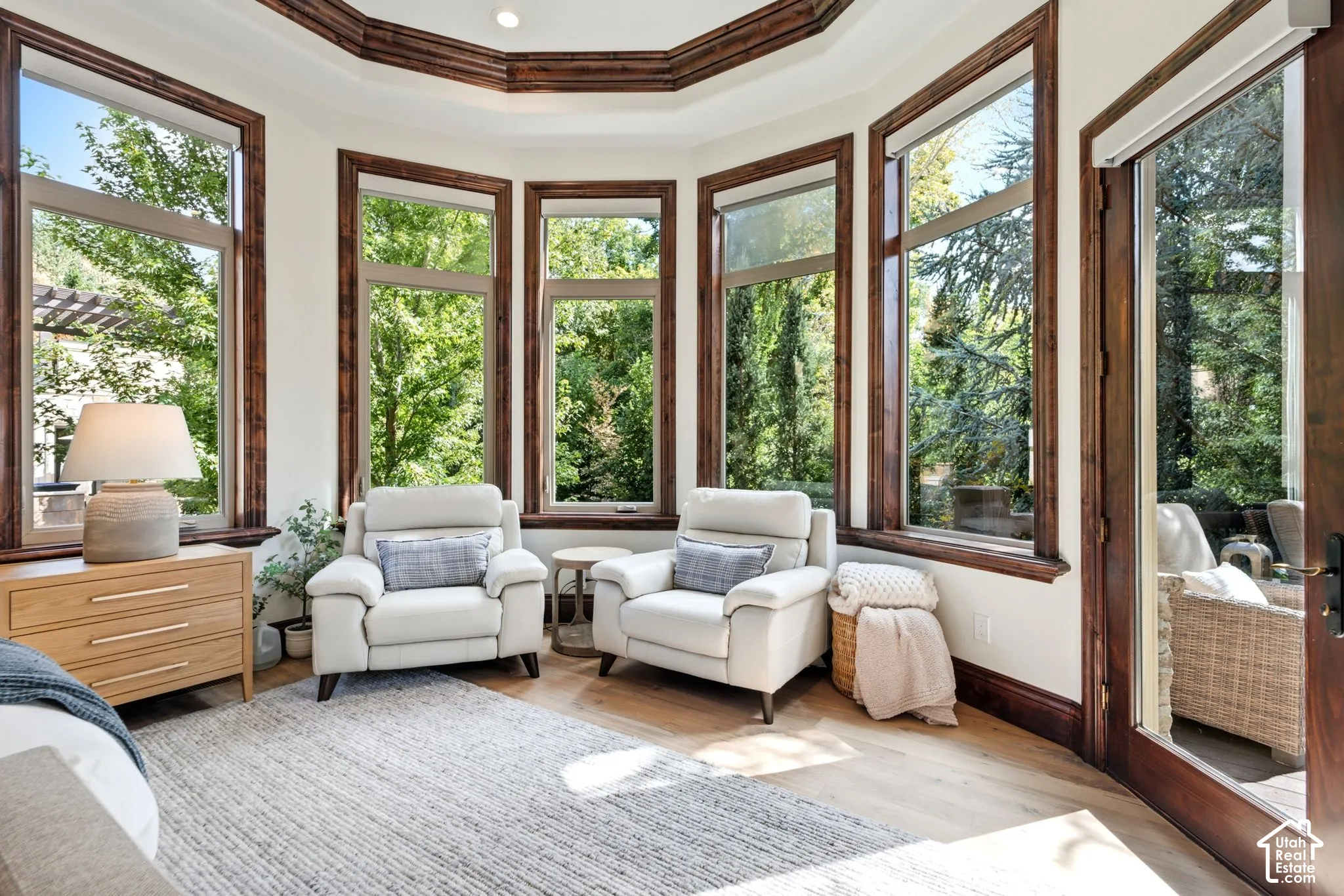 Bay window design with rich wood trim and crown molding, wood-finish flooring, and a glass-paneled exterior door
