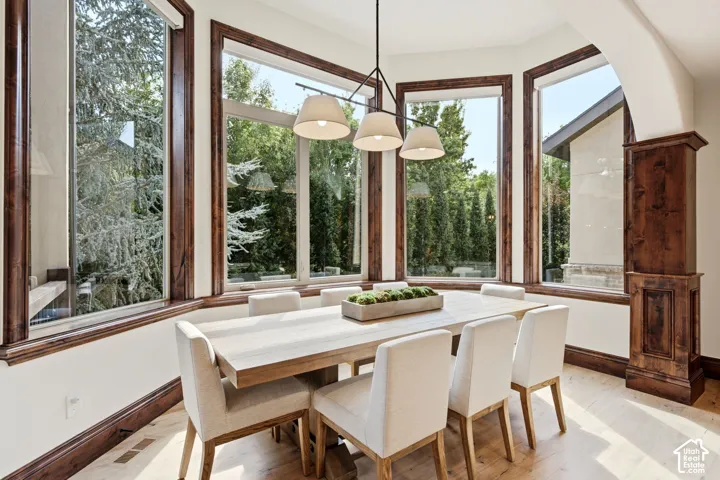 Bay window featuring dark wood-finish trim