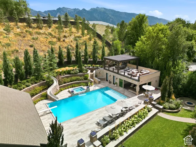 Expansive pool area featuring an in-ground pool, integrated hot tub, and diving board
