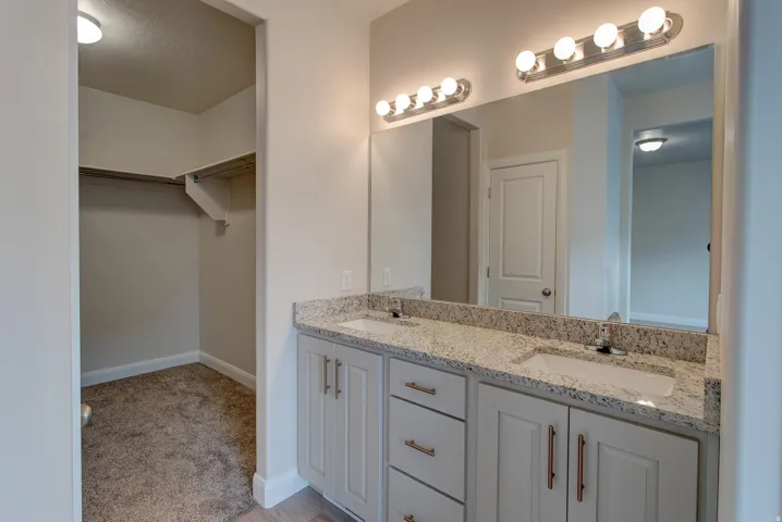 Dual vanity with light gray cabinetry, speckled countertops, and individual sinks